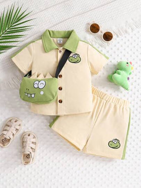 SHEIN Playful Pals 3 قطع طقم ملابس للأطفال الرضع الصبيان يتكون من قميص كم قصير مطرز ببدلة محبوك وحقيبة صغيرة جسمية،للربيع والصيف،ملابس أطفال،ملابس رضع صبيان، أحجام من 6 شهور إلى 3 سنوات