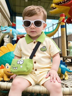 SHEIN Playful Pals 3 قطع طقم ملابس للأطفال الرضع الصبيان يتكون من قميص كم قصير مطرز ببدلة محبوك وحقيبة صغيرة جسمية،للربيع والصيف،ملابس أطفال،ملابس رضع صبيان، أحجام من 6 شهور إلى 3 سنوات