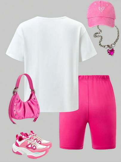 girls-sets مجموعة تي شيرت بأكمام قصيرة وشورت مريح بطباعة قلب أنيق بسيط ، مناسب للفتيات الصغيرات، مناسب للرياضة 2 قطعة