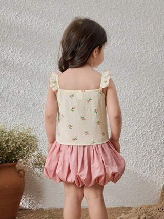 Blossori طقم بنات رضع مكون من توب وتنورة مطوية ذات طبعة أنيقة متساقطة على الطراز الفرنسي للربيع/الصيف