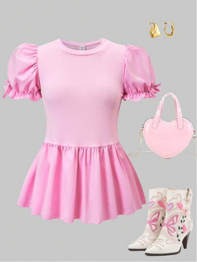 SHEIN Explorewe تي شيرت قصير بأكمام متنفخة مع ربطة عنق بتصميم أنيق للمراهقات، مناسب للارتداء اليومي، التجمعات العائلية، الخروجات غير الرسمية في الربيع والصيف