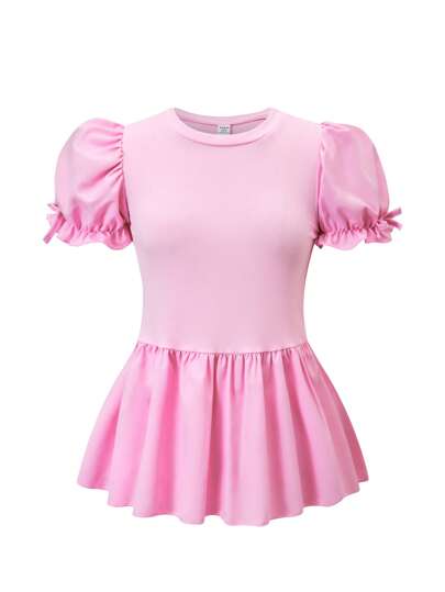 SHEIN Explorewe تي شيرت قصير بأكمام متنفخة مع ربطة عنق بتصميم أنيق للمراهقات، مناسب للارتداء اليومي، التجمعات العائلية، الخروجات غير الرسمية في الربيع والصيف