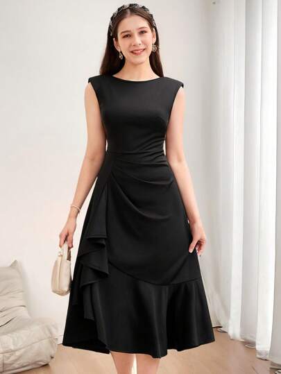SHEIN فستان أنيق بدون أكمام بتصميم كشكش وتطريز دانتيل مناسب للمراهقات، فستان سهرة طويل، أنيق، للحفلات والمناسبات العائلية المهمة
