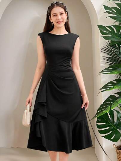 SHEIN فستان أنيق بدون أكمام بتصميم كشكش وتطريز دانتيل مناسب للمراهقات، فستان سهرة طويل، أنيق، للحفلات والمناسبات العائلية المهمة