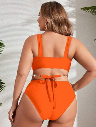 Swim SXY بدلة سباحة قطعة واحدة للسمينات ذات عنق على شكل V عميق والتصميم متقاطع الألوان الواحدة