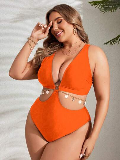 Swim SXY بدلة سباحة قطعة واحدة للسمينات ذات عنق على شكل V عميق والتصميم متقاطع الألوان الواحدة