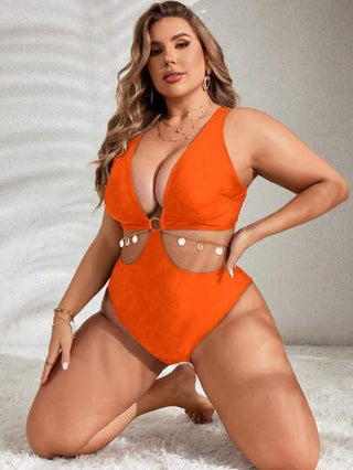 Swim SXY بدلة سباحة قطعة واحدة للسمينات ذات عنق على شكل V عميق والتصميم متقاطع الألوان الواحدة