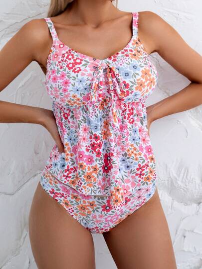 طقم تانكيني حريمي Swim مجموعة من قطعة واحدة ذات طبعة زهور صيفية مع فيونكة على الصدر وسراويل بيكيني للنساء
