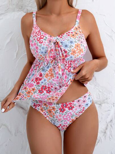 طقم تانكيني حريمي Swim مجموعة من قطعة واحدة ذات طبعة زهور صيفية مع فيونكة على الصدر وسراويل بيكيني للنساء