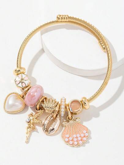 1 قطعة سوار صدفي مزين بخرز اللؤلؤ الاصطناعي والقلب مصنوع من الفولاذ المقاوم للصدأ، مناسب للارتداء اليومي والعطلات والهدايا في الأعياد