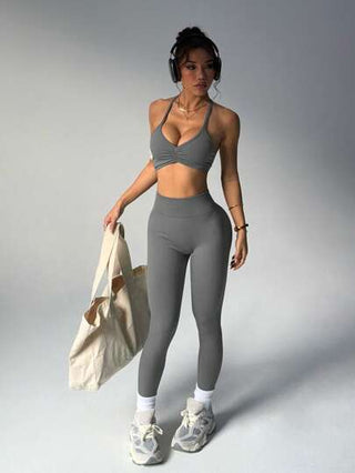 Sport Studio مجموعة قطعتين ملابس رياضية للنساء، ملابس علوية خزان مجعد ولون صلب و بنطلون ضيق
