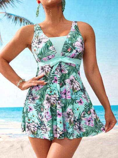 طقم تانكيني حريمي Swim Lushoire طقم ملابس سباحة كاجوال بخصر مربوط مزين بطبعة نباتات استوائية للنساء