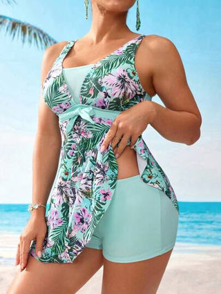 طقم تانكيني حريمي Swim Lushoire طقم ملابس سباحة كاجوال بخصر مربوط مزين بطبعة نباتات استوائية للنساء