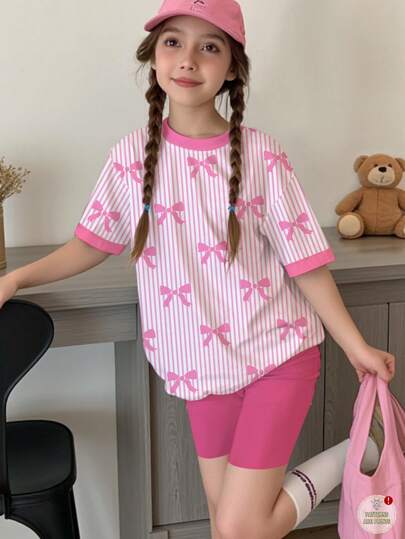 girls-sets مجموعة تيشيرت قصير الأكمام وشورت للفتيات المراهقات، ذات تصميم جرافيك الفراشة المتقنة بخطوط وردية، مناسب للصيف