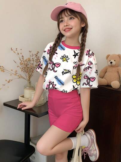 girls-sets مجموعة قطعتين للبنات المراهقات تي شيرت كاجوال كارتوني مطبوع بالأزهار والنجوم والفراشات وقصير الأكمام وشورت، شعار 