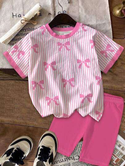 girls-sets مجموعة تيشيرت قصير الأكمام وشورت للفتيات المراهقات، ذات تصميم جرافيك الفراشة المتقنة بخطوط وردية، مناسب للصيف