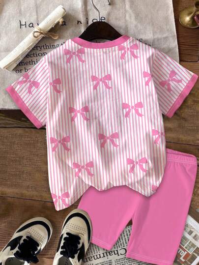 girls-sets مجموعة تيشيرت قصير الأكمام وشورت للفتيات المراهقات، ذات تصميم جرافيك الفراشة المتقنة بخطوط وردية، مناسب للصيف
