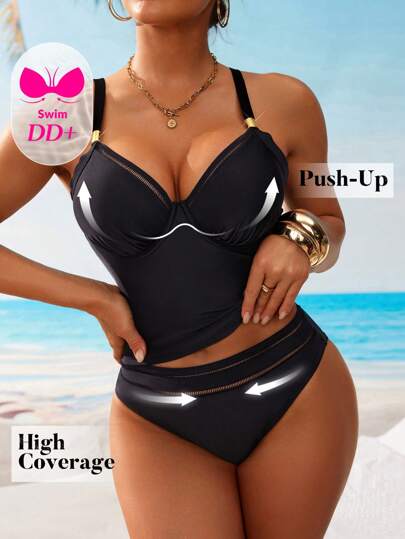 طقم تانكيني حريمي Swim DD+ بيكيني قطعتين للنساء بحمالات رفيعة مع زخارف معدنية، ذو كوب DD داعم بسلك معدني، قابل للطي للتنحيف المناسب للاستخدام في العطلات واوقات الاسترخاء
