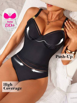 طقم تانكيني حريمي Swim DD+ بيكيني قطعتين للنساء بحمالات رفيعة مع زخارف معدنية، ذو كوب DD داعم بسلك معدني، قابل للطي للتنحيف المناسب للاستخدام في العطلات واوقات الاسترخاء
