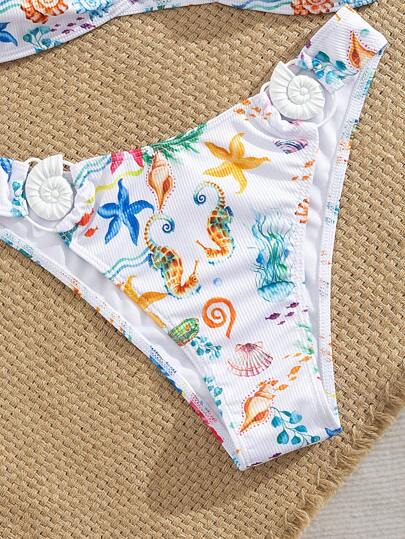 Swim Mod مجموعة بكيني قطعتين ذو أنبوبة عارية الأكتاف مزينة بعناصر الأنشطة البحرية والأصداف، طراز صيفي أنيق وجذاب