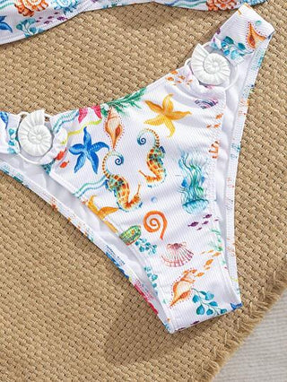 Swim Mod مجموعة بكيني قطعتين ذو أنبوبة عارية الأكتاف مزينة بعناصر الأنشطة البحرية والأصداف، طراز صيفي أنيق وجذاب