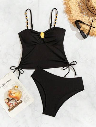 طقم تانكيني حريمي Swim Basics مجموعة قطعتين من الملابس النسائية الصيفية الكاجوال تتكون من توب كامي بحمالات مزينة بخرز معدني والخصر مزين بسحاب، وتنكيني سليم