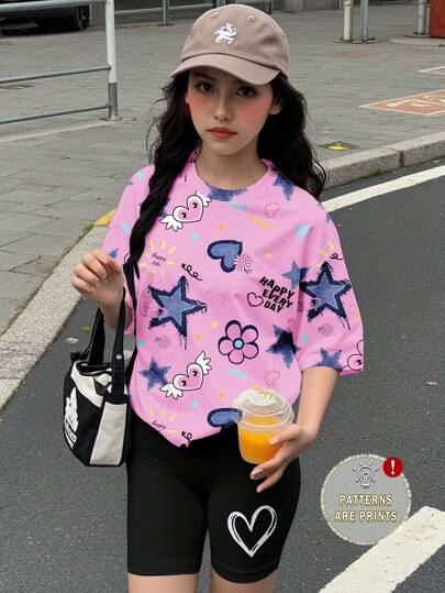 girls-sets مجموعة تي شيرت بأكمام قصيرة وشورت مناسبة للفتيات المراهقات، تصميم بسيط وكاجوال، مناسبة للصيف