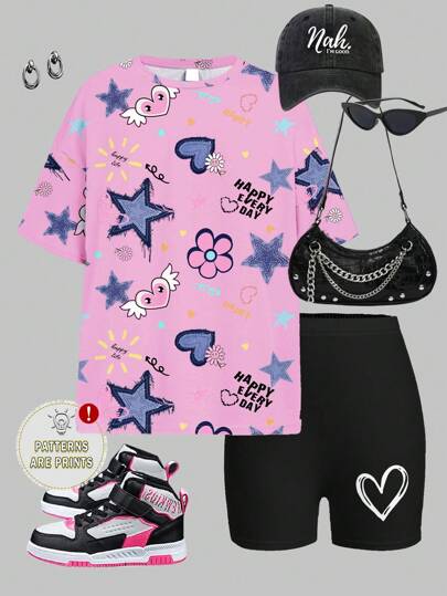 girls-sets مجموعة تي شيرت بأكمام قصيرة وشورت مناسبة للفتيات المراهقات، تصميم بسيط وكاجوال، مناسبة للصيف