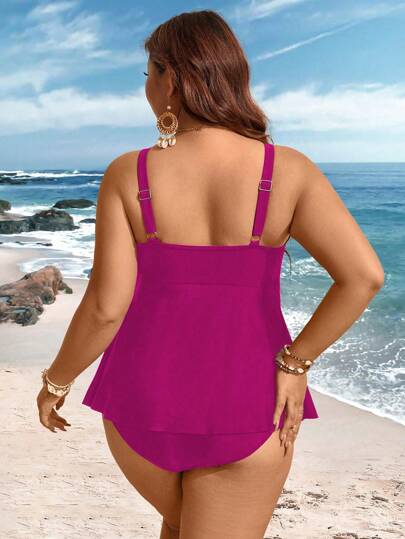 Swim Lushoire مايوه سيدات المقاسات الكبيرة 2 قطعة لونان سادة مزين بلحمة شبكية تحكم في البطن بظهر مفتوح، للإستخدام اليومي والمنتجعات