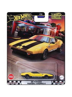 سيارة سباق ديكاست مصغرة DE TOMASO PANTERA GRUPPO 4-110 من Mattel Hot Wheels Favorites Series مقياس 1:64، سلسلة شارع الحديقة Gtj68، طراز سيارة نموذجية للجمع، بطاقة باللونين الأسود والذهبي، هدية عيد ميلاد للأصدقاء، لعبة سيارة سباق لديكور المكتب