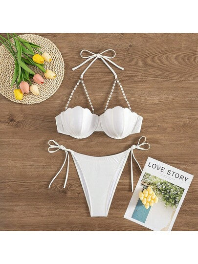 بكيني بحري بقطعتين مع حلقة رقبة عنق وكأس صلب بشكل صدفة، لون أحادي بشكل خرزة مربوطة، مناسب للعطلات الصيفية