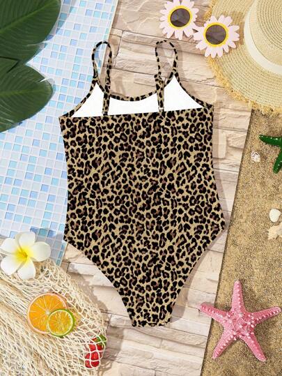 SHEIN بدلة سباحة قطعة واحدة لفتيات المراهقات طراز ليوبارد بسيط وأنيق مناسبة للصيف