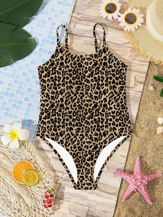 SHEIN بدلة سباحة قطعة واحدة لفتيات المراهقات طراز ليوبارد بسيط وأنيق مناسبة للصيف