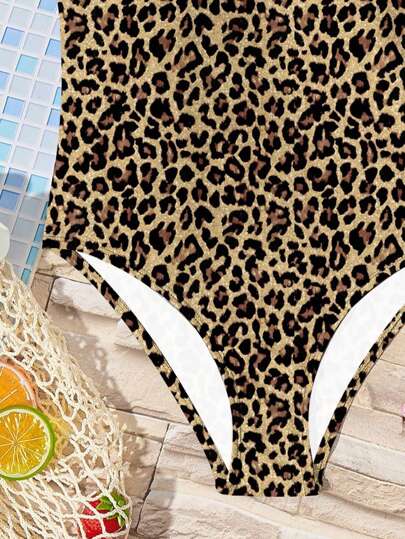 SHEIN بدلة سباحة قطعة واحدة لفتيات المراهقات طراز ليوبارد بسيط وأنيق مناسبة للصيف
