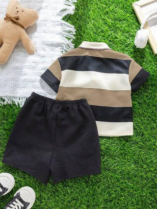 SHEIN مجموعة بولو وشورت أسود مناسبة للأطفال الصغار اليومية الكاجوال، مكونة من 2 قطعة، مناسبة للربيع والصيف
