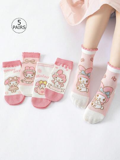 Sanrio 5 أزواج من جوارب منتصف الساق للأطفال/البنات بتصميمات كرتونية بأنماط سانريو وميلودي والفوانيس واللافتات والشريط والحروف والرياضي و بتصميمات مموجة، مناسبة للربيع والصيف والاستخدام اليومي للطالبات، تناسب الأحذية الرياضية والكاجوال للعودة للمدرسة