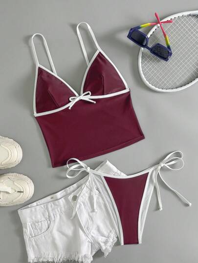طقم تانكيني حريمي Swim Mod مجموعة بيكيني مكونة من ملابس علوية خصر عريض بألوان متباينة والأسفل ثلاثي الأضلاع مربوط جانبياً، لرقص الربيع