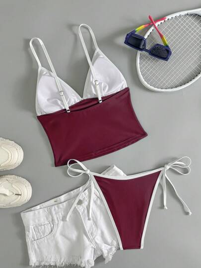 طقم تانكيني حريمي Swim Mod مجموعة بيكيني مكونة من ملابس علوية خصر عريض بألوان متباينة والأسفل ثلاثي الأضلاع مربوط جانبياً، لرقص الربيع