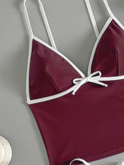 طقم تانكيني حريمي Swim Mod مجموعة بيكيني مكونة من ملابس علوية خصر عريض بألوان متباينة والأسفل ثلاثي الأضلاع مربوط جانبياً، لرقص الربيع