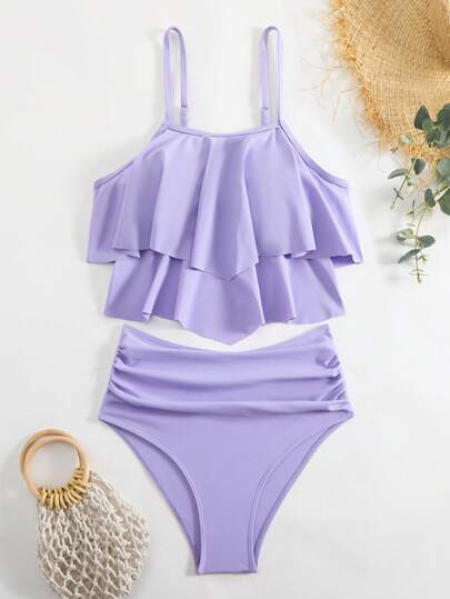 طقم تانكيني حريمي Swim مجموعة كاميسول اللون الأحادي للشاطئ والعطلات