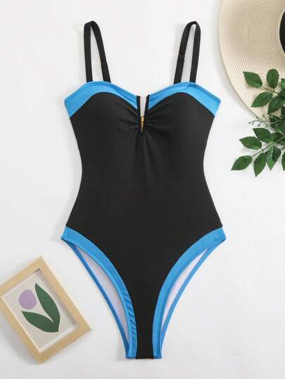 مايوه حريمي قطعة واحدة Swim SPRTY قطعة واحدة من ملابس السباحة لون مقطع على شكل حرف V مرصع بسلك للنساء