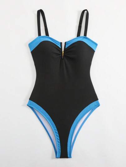 مايوه حريمي قطعة واحدة Swim SPRTY قطعة واحدة من ملابس السباحة لون مقطع على شكل حرف V مرصع بسلك للنساء
