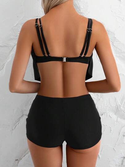 طقم تانكيني حريمي Swim Lushoire طقم بيكيني نسائي قطعتين بخطوط أسود وأبيض مصمم للأجازات الصيفية، شريط قابل للتعديل