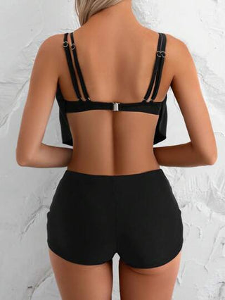 طقم تانكيني حريمي Swim Lushoire طقم بيكيني نسائي قطعتين بخطوط أسود وأبيض مصمم للأجازات الصيفية، شريط قابل للتعديل