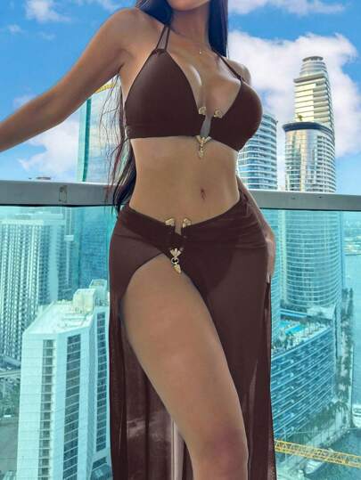Swim SXY طقم بكيني مكون من 3 قطع للنساء بتصميم صيفي للشاطئ، بألوان عادية و ربطة عنق جذابة، مع تغطية وتنورة قصيرة