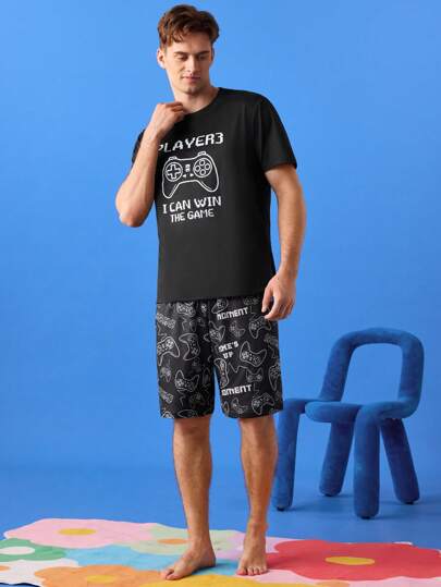 Happy Jammies طقم بيجامة مطبوع بتصميم لعبة فيديو جديدة، ملابس منزلية كاجوال للمراهقين الذكور