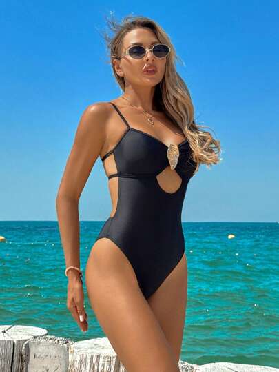 مايوه حريمي قطعة واحدة Swim Vcay ملابس سباحة أنثوية صيد أحادية الكتف من قطعة واحدة بذراعات رفيعة ظهر مفتوح مع أشرطة معدنية غير منتظمة ،أنيقة للشاطئ والعطلات