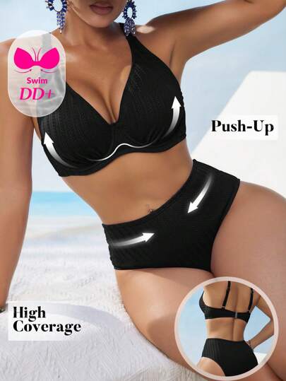 Swim DD+ بحر الصيف أزياء للنساء - ملابس سباحة مكونة من قطعتين ذات بكرة دعم وقوام نسيج مثير لحجم صدر DD+ وخصر عالي ، باللون الأزرق الساطع