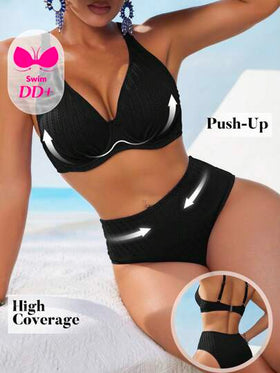 Swim DD+ بحر الصيف أزياء للنساء - ملابس سباحة مكونة من قطعتين ذات بكرة دعم وقوام نسيج مثير لحجم صدر DD+ وخصر عالي ، باللون الأزرق الساطع