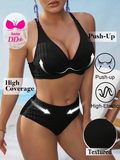 Swim DD+ بحر الصيف أزياء للنساء - ملابس سباحة مكونة من قطعتين ذات بكرة دعم وقوام نسيج مثير لحجم صدر DD+ وخصر عالي ، باللون الأزرق الساطع